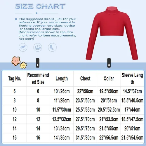 Miniatura 7 de Camiseta corta de manga larga para niñas y niñas, con cuello alto falso, para ballet, danza, gimnasia, yoga, animadora