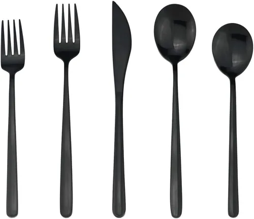Miniatura 2 de Mirror Poblished - Juego de cubiertos negros de 5 piezas de acero inoxidable para 1, juego de cubiertos de acabado satinado para el hogar