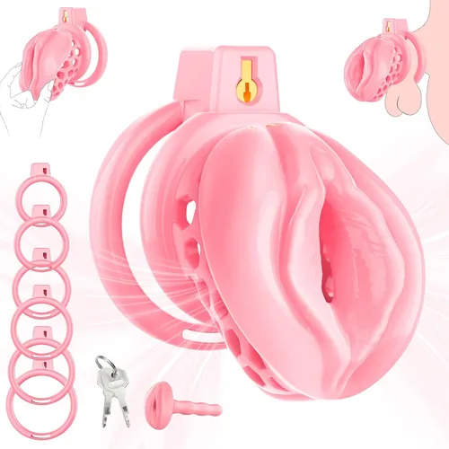 Jaula de castidad masculina – Jaula de pene suave y ligera con vagina y clítoris realistas y anillos de 6 tamaños, cómodo dispositivo de castidad