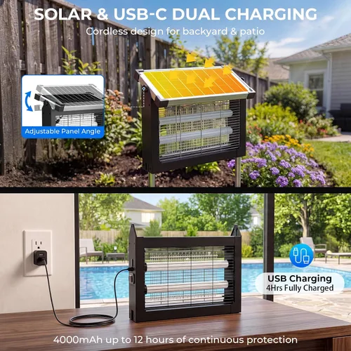 Miniatura 3 de Extractor de Insectos Solar para Exteriores, Jinyeda Mata Mosquitos Recargable 4500V con Batería de 4000mAh, Panel Solar Desmontable, Mata Mosquitos