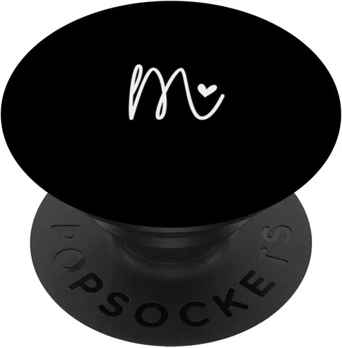 PopSockets minimalistas con monograma de corazón de letra M inicial en blanco y negro, PopGrip intercambiable