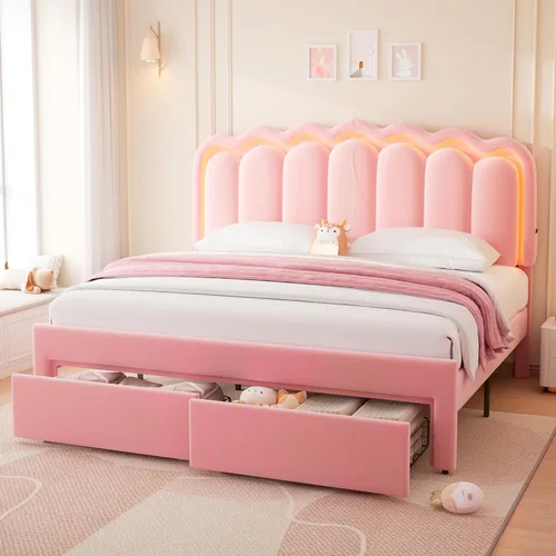 Miniatura 12 de Base de cama LED tapizada tamaño matrimonial con 2 cajones de almacenamiento y cabecera doble ondulada ajustable, cama de plataforma de terciopelo