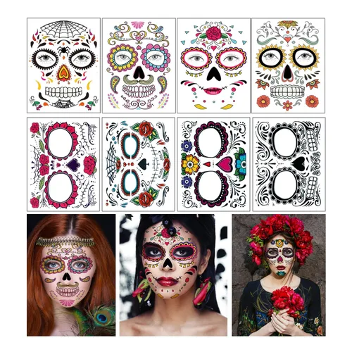 Miniatura 8 de Tatuajes temporales de Halloween, 4 hojas de tatuajes temporales falsos para hombres y mujeres, perfecto para Halloween, cosplay, disfraces