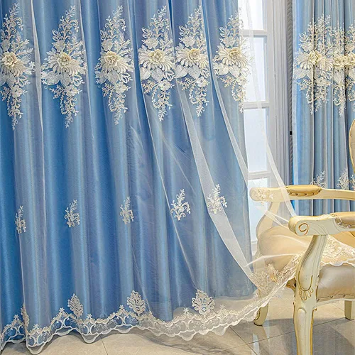 Amidoudou 1 par de cortinas europeas de lujo con cenefa para sala de estar, dormitorio, cortinas bordadas de doble capa (azul, 52 x 90 pulgadas)