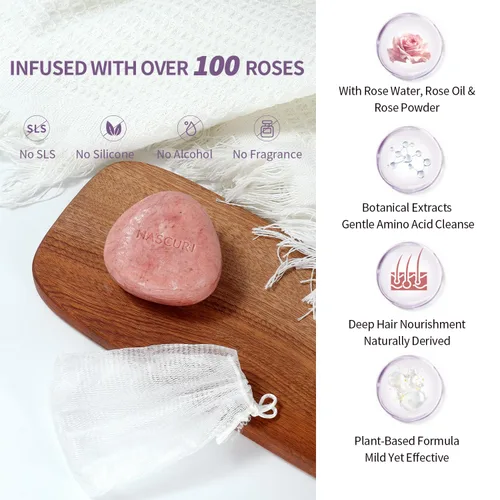 Miniatura 6 de Barra de champú Rose – Fortalece, nutre y da volumen al cabello – Fórmula a base de plantas con aceite de coco, aceite de aguacate y extractos
