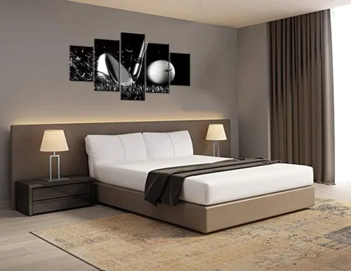 Miniatura 9 de Piezas de golf para decoración de pared, pinturas en blanco y negro, arte de pared para sala de estar, golf, deportes, obras de arte de 5 piezas