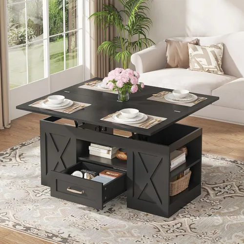 Miniatura 3 de Saudism Mesa auxiliar elevable de 40 pulgadas, mesas auxiliares multifunción 4 en 1 con cajones de almacenamiento y compartimentos ocultos, mesa