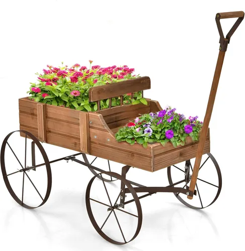 Miniatura 11 de Giantex Maceta decorativa para jardín, carrito pequeño con ruedas de metal, camas elevadas de madera, soporte para macetas para patio trasero, Gris