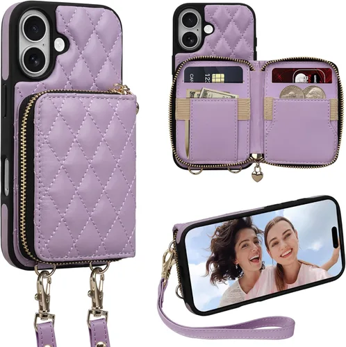 Miniatura 39 de Funda tipo cartera para iPhone 15 de 6.1 pulgadas, bolso cruzado con cremallera y correa para la muñeca con cordón para mujer, tarjetero con bloqueo