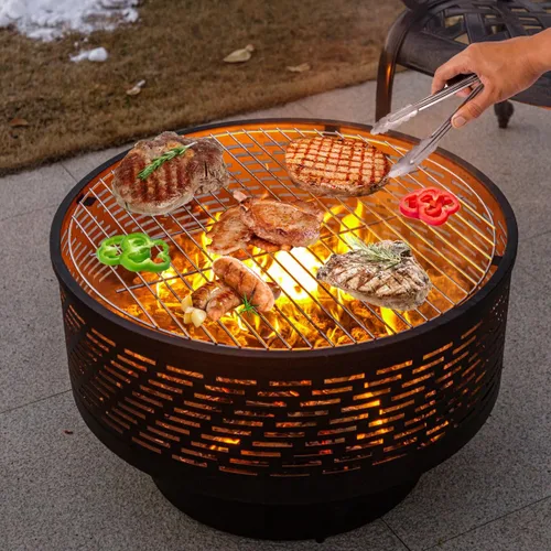 Miniatura 2 de OutVue Fogatas de leña de 26 pulgadas con parrilla y tapa, mesa de fogata para exteriores con cubierta impermeable y atizador de fuego, fogata al