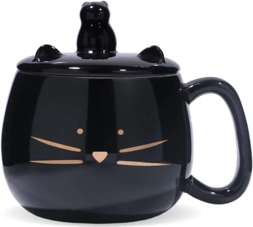 Koolkatkoo Bonita taza de café de gato con tapa para teléfono celular, taza de porcelana de cerámica única para amantes de los gatos, regalo dorado