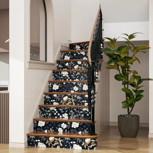 Miniatura 5 de ILHIIOR Papel tapiz floral azul oscuro para despegar y pegar, papel de contacto de hojas bohemias, papel de contacto con flores oscuras, extraíble