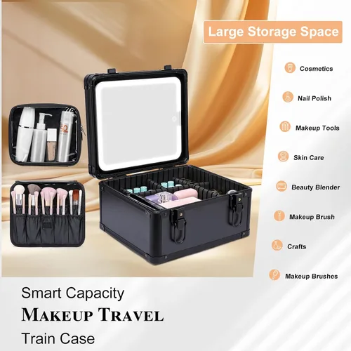 Miniatura 2 de Estuche de maquillaje con espejo LED, estuche rígido de viaje con espejo iluminado recargable y divisores ajustables, bolsa de almacenamiento