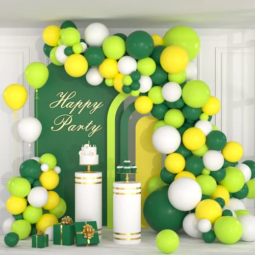 Kit de guirnalda de globos de color verde oscuro, amarillo y blanco, 117 globos de tractor verde lima, amarillo y blanco, fiesta de cumpleaños para