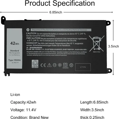 Miniatura 2 de YRDD6 - Batería para portátil de 42 Wh, 11.4 V, compatible con Dell Inspiron5491 5482 5481 5591 5485 7586 3583 3310 2 en 1 5593 3793 3493 5584 3593