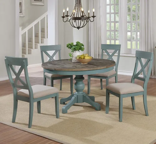 Miniatura 2 de Roundhill Furniture Prato - Juego de mesa de comedor redonda de 5 piezas con sillas de respaldo cruzado, color azul antiguo y nogal envejecido