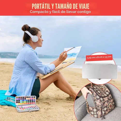 Miniatura 7 de Juego de pintura de acuarela con 100 colores brillantes: para principiantes adultos y profesionales con metálico - Kit de arte de acuarela de viaje