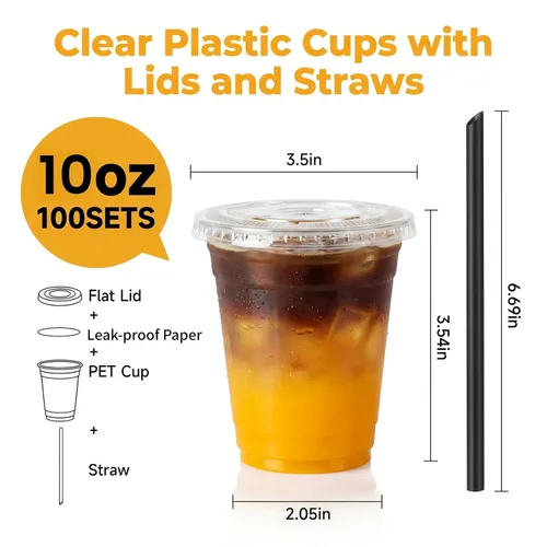 Miniatura 2 de Juego de 100 vasos de plástico desechables transparentes con tapas y pajitas, tazas de café helado de plástico resistentes y seguras para alimentos