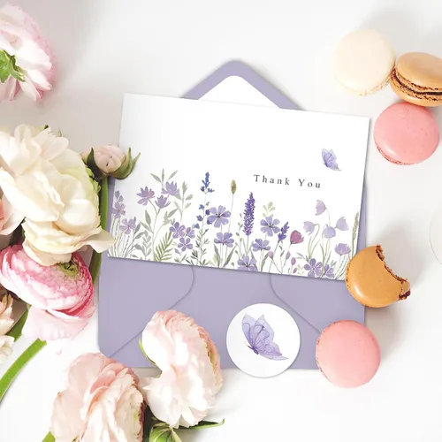 Miniatura 5 de AnyDesign Paquete de 24 tarjetas de agradecimiento de flores silvestres a granel, tarjetas de felicitación de flores moradas con adhesivo de sobre