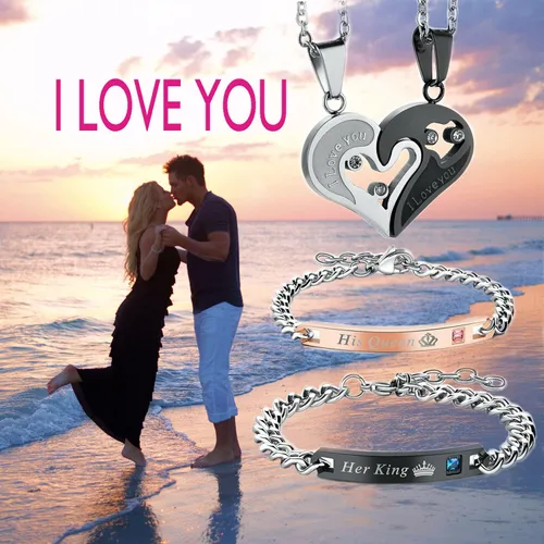 Miniatura 6 de Karlota Juego de pulseras con dije de acero inoxidable para parejas, con texto en inglés "I Love You" a juego, para novios, novias, novias, regalos
