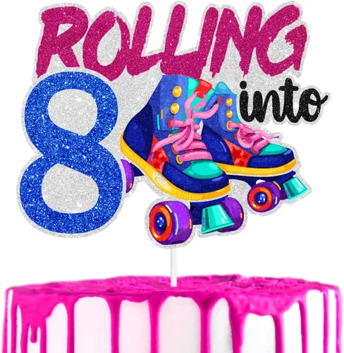 Decoración de pastel de patinaje sobre ruedas para cumpleaños número 8, fiesta de cumpleaños temática de niño o niña, fiesta de club, fiesta de