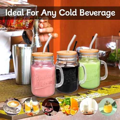 Miniatura 7 de ANOTION Vasos para beber Mason Jar – Frascos Mason Jar de vidrio de 16 onzas con tapas y pajitas, taza de café helado, botellas de jugo Mason Jar