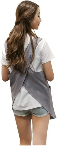 Delantal de diseño acortado, delantal de lino de algodón suave estilo japonés con dos bolsillos laterales, delantal halter cruzado en X, ropa de