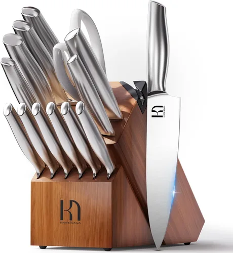 Juego de 14 piezas de cuchillos de cocina KnifeSaga de acero inoxidable de alto carbono japonés de primera calidad con afilador incorporado, juego