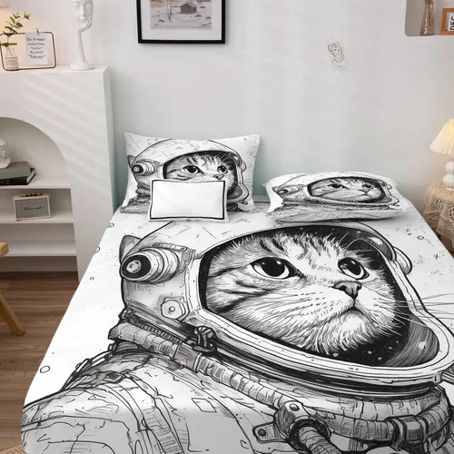 Miniatura 2 de Sábanas de gato tamaño individual, sábanas de astronauta, sábanas y fundas de almohada estampadas de 3 piezas, sábana bajera ajustable de microfibra