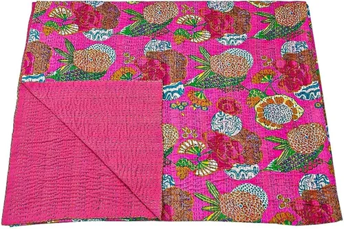 Miniatura 2 de Manta Kantha de retazos bohemios, manta de cama bohemia tamaño King, colcha Kantha con estampado de frutas, funda de cama Kantha hecha a mano Beige