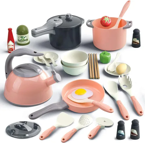 Bruvoalon Juego de 32 juguetes de cocina para niños, accesorios de cocina con ollas, sartenes, utensilios de cocina, alimentos, verduras enlatadas,