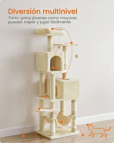 Miniatura 3 de Feandrea - Árbol para gatos de varios niveles para interiores, torre para gatos tipo condominio con 4 postes para rascar, 2 posaderos, hamaca y Beige