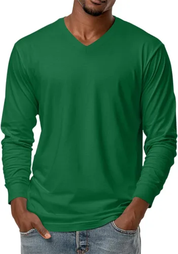 Miniatura 7 de Camiseta para hombre, manga larga, cuello en V, color liso, informal, básica, suave, elástica, M-3XL