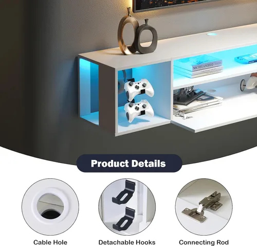 Miniatura 6 de soges Soporte de TV flotante con luces LED, estante de televisión para TV de 43 pulgadas, consola multimedia montada en la pared con ganchos