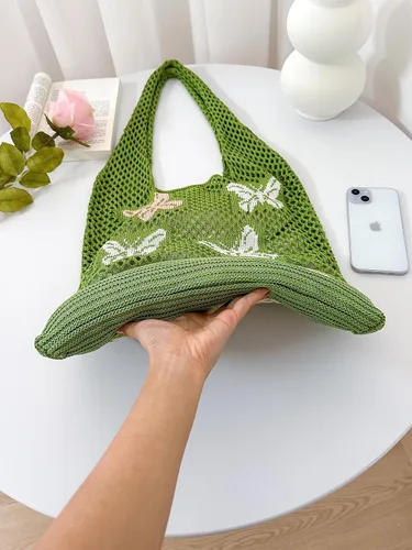 ENBEI Bolsas bohemias, bolsa de punto de hombro, bolsa de mano Y2K estética, bolso de ganchillo lindo para mujeres, regalos hippie Verde con seis