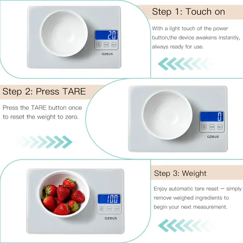 Miniatura 3 de Azeus. Báscula de cocina digital de 6 unidades, recargable por USB. Pesa gramos y onzas con alta precisión (desde 1.13 g). Capacidad hasta 5 kg