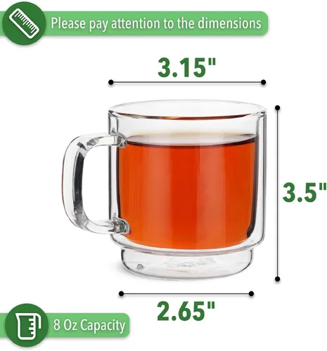 Miniatura 3 de BTAT - Tazas de café de vidrio apilables de doble pared, 8 onzas, juego de 4, tazas de café de vidrio con asa, taza de café transparente aislada