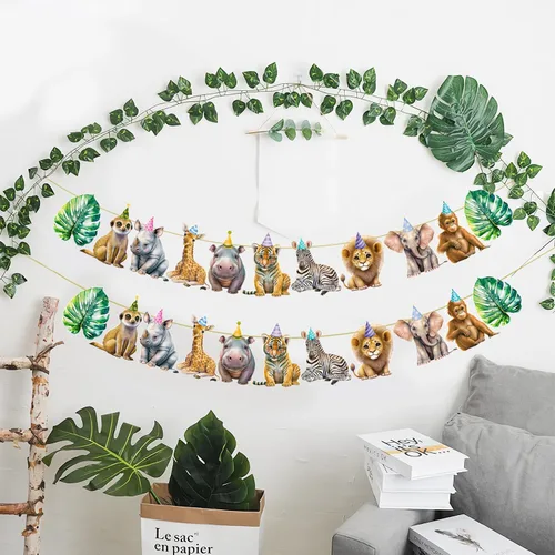 Miniatura 6 de Pancarta de animales de safari, 2 unidades, banderines recortados para fiesta de selva, carteles colgantes con temática de safari, decoraciones