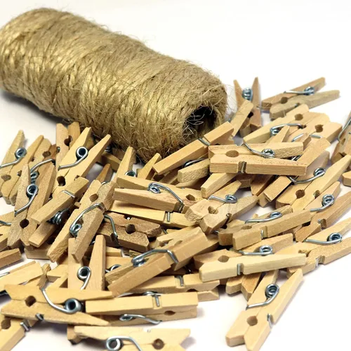 Miniatura 4 de Mini pinzas de madera con cordel de yute, 250 piezas, pinzas de papel fotográfico de 1 pulgada con cordel natural de 66 pies para álbumes