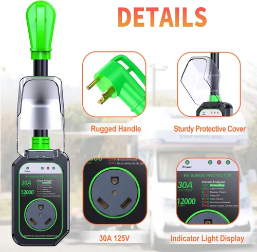 Miniatura 5 de GEARGO Protectores contra sobretensiones RV de 30 amperios, 12000 julios, analizador de circuitos de RV, protección contra sobretensiones IP68
