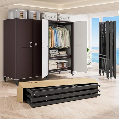 Miniatura 12 de Perchero cubierto resistente con puerta magnética, plegable, portátil, para colgar ropa, perchero de metal negro con ruedas (negro, 49.12 pulgadas)