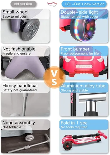 Miniatura 4 de LOL-FUN Scooter para niños de 3 a 12 años de edad con luces LED de 3 ruedas, extra ancho plegable para niños de 3 a 5 años con 4 alturas ajustables