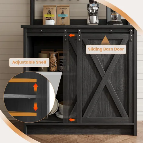 Miniatura 4 de 4ever2buy Barra de café de granja con gabinete, gabinete de buffet de 31 pulgadas con puerta corrediza de granero, armario de barra de Gris