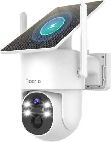 Noorio Cámara de seguridad solar 2K inalámbrica para exteriores, inclinación panorámica de 360°, WiFi 6 de doble banda 2.4/5GHz, visión nocturna a