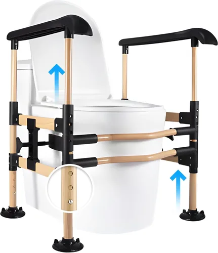 Rieles de seguridad portátiles para inodoro de diseño de madera para personas mayores, altura y ancho ajustables, hasta 396.8 lbs, marco de