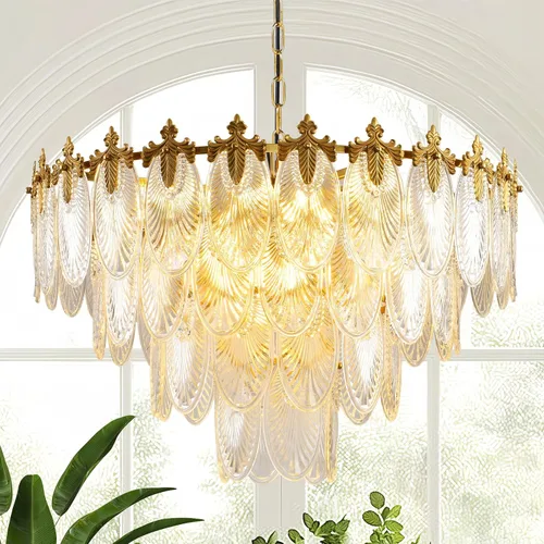 Miniatura 9 de Antique Chandeliers 2-Layer Gold Crystal Glass Chandelier, 4-Light Round Pendant Light 17.7" Brushed Brass Adjustable Height, Applicable to Dining
