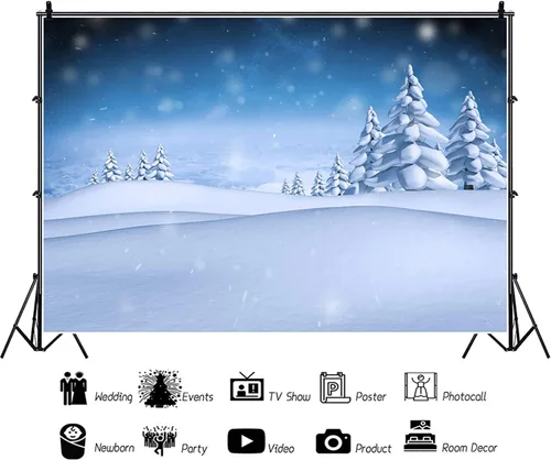 Miniatura 2 de Renaiss Telón de fondo de fotografía de paisaje de campo de nieve de invierno de 5 x 3 pies, fondo de nieve azul con copo de nieve borroso, escena