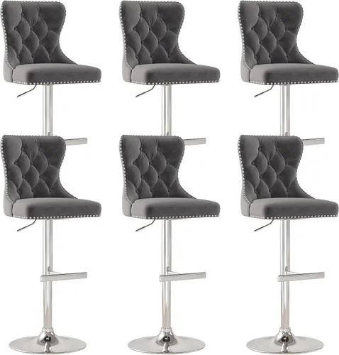 Miniatura 12 de Juego de 2 taburetes de bar, taburetes giratorios de terciopelo con respaldo copetudo, asiento ajustable con ribete de cabezas de clavos, sillas
