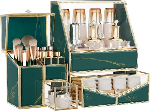 Miniatura 8 de Youdepot Caja de exhibición de maquillaje de vidrio para tocador y encimera de baño – Gran estuche de exhibición de cosméticos y solución