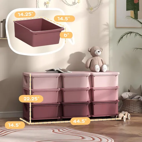 Miniatura 7 de Qaba Unidad de Almacenamiento de 3 Niveles para Niños, Organizadores de Juguetes y Almacenamiento con Cómoda de 9 Cajones para Dormitorio de Niños